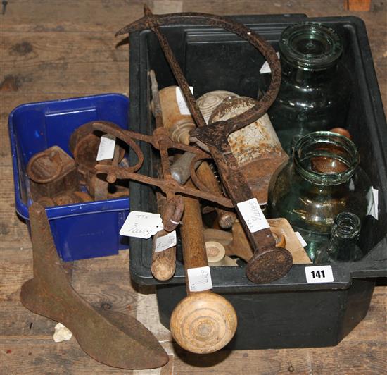A Thatchers Needle, other tools, bottles and weights